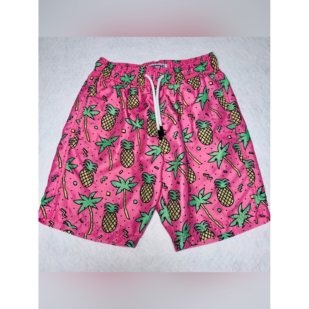 Maamgic Boys Pink Pineapple Palm Tree Swim Trunks Size 10/12 Tropical Shorts
